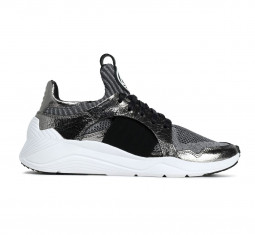 Metallic Cracked Leather-Trimmed Stretch-Knit Sneakers by McQ Alexander McQueen