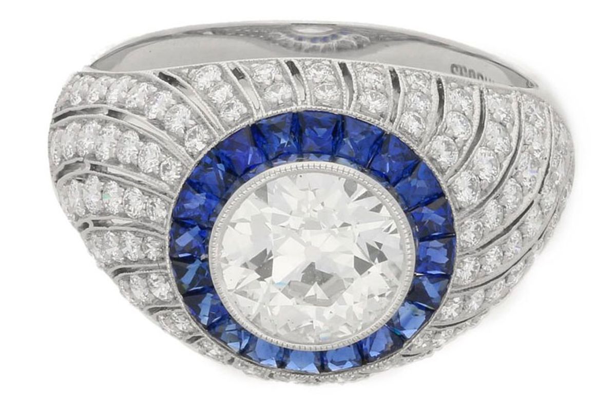1.35 Carat Diamond Sapphire Deco Style Platinum Ring