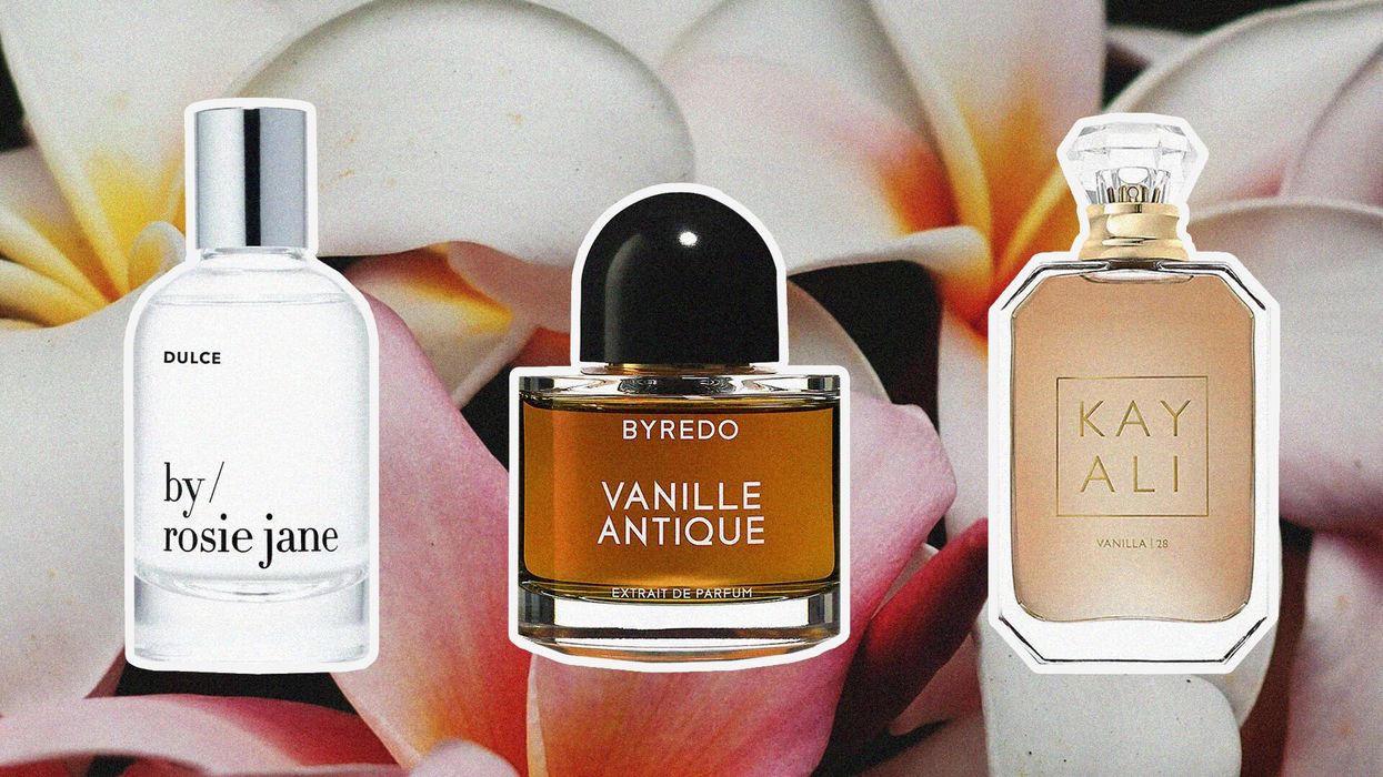 A Collage of 3 Vanilla Fragrances Against a Floral Backdrop