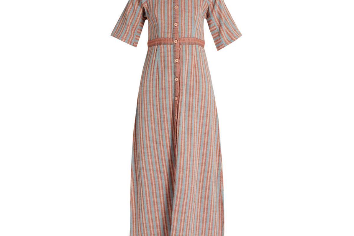 Ballad Stand-Collar Striped-Cotton Dress