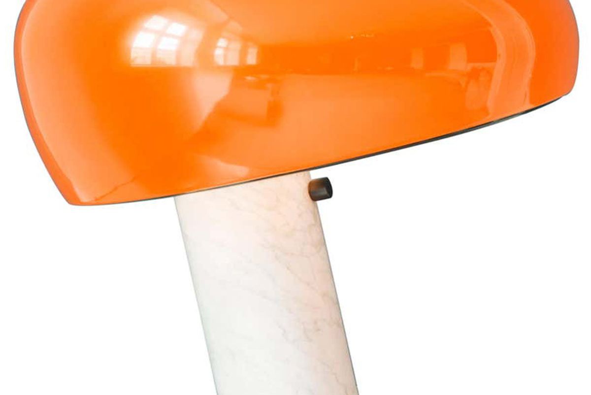 achille castiglioni and pier giacomo castiglioni contemporary italian flos snoopy table lamp with marble base and orange shade