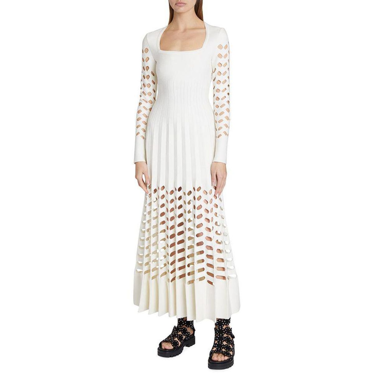 alaia square neck laser cut pleated maxi dress