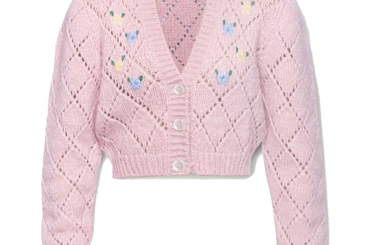 alessandra rich cropped embroidered pointelle knit alpaca blend cardigan