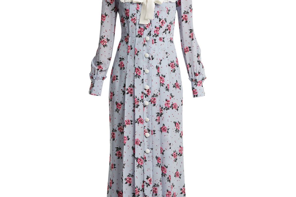 alessandra rich rose print frill trimmed silk dress