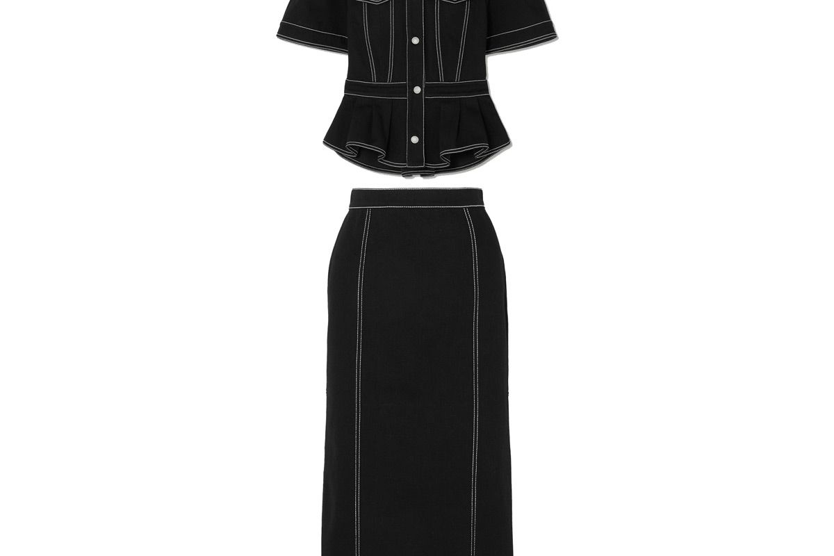 alexander mcqueen denim shirt and pleated denim midi skirt