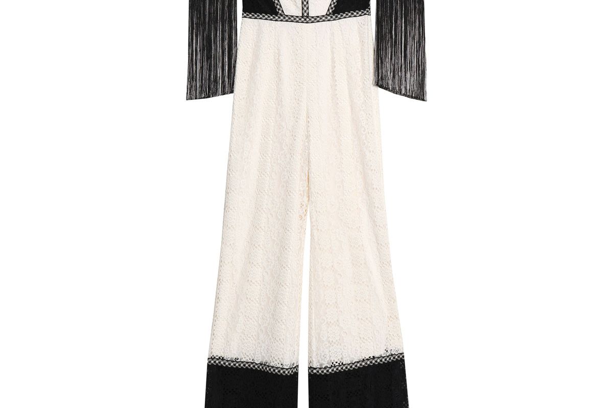 alexis off the shoulder fringe trimmed corded lace jumpsuit