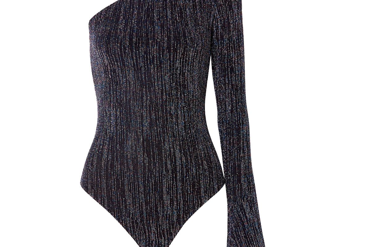 alix nyc eldridge one sleeve metallic stretch knit thong bodysuit