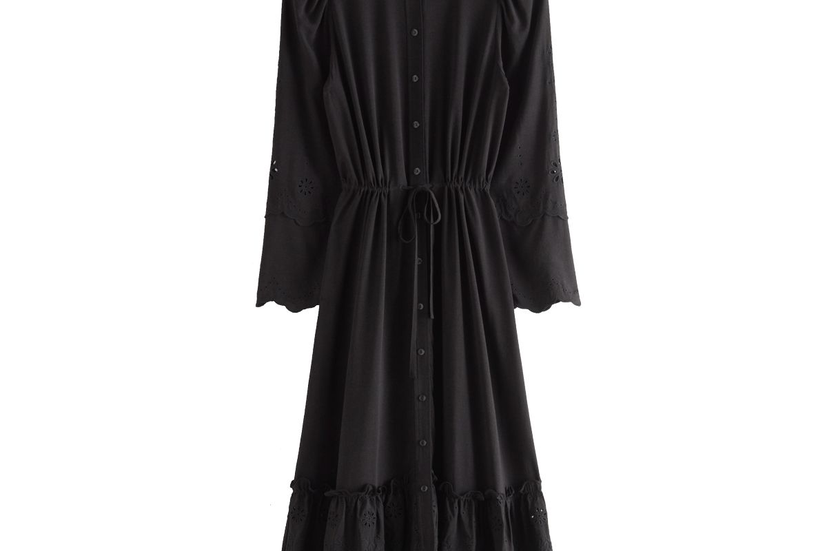 and other stories embroidered button up scallop midi dress