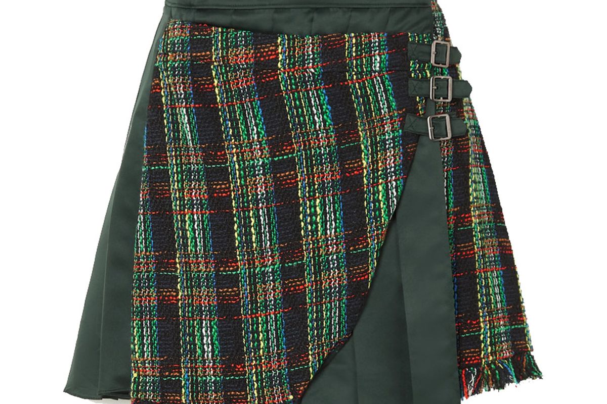 andersson bell ria fringed plaid tweed and pleated satin mini skirt