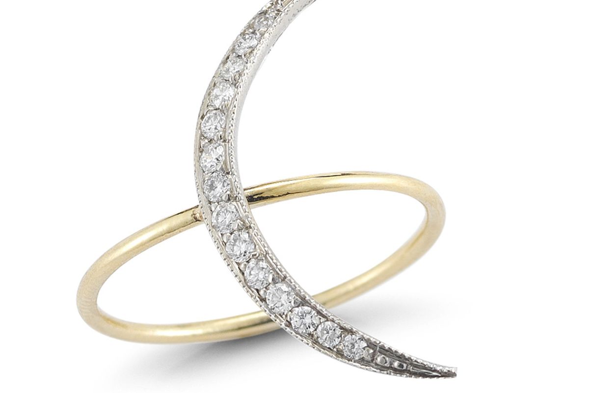Sliver Crescent Moon Ring with White Diamonds