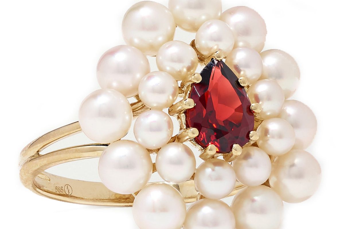 anissa kermiche cotillion 14 karat gold pearl and garnet ring