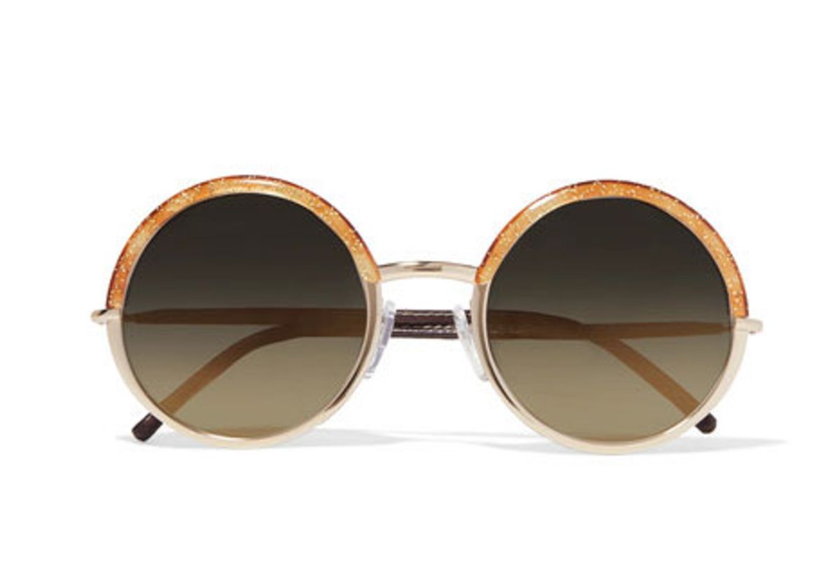 Round-Frame Glittered Acetate, Gold-Tone and Leather Sunglasses