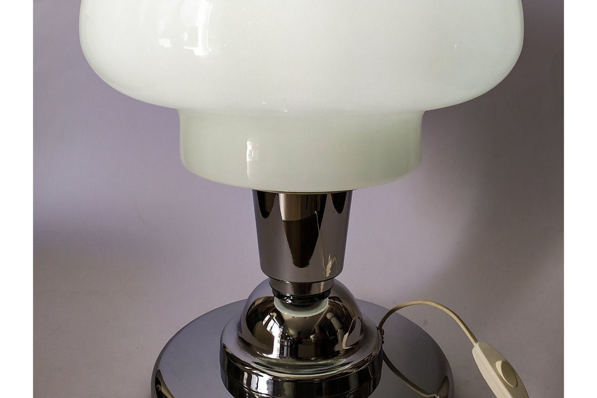 antikdesignit vintage white glass white glass table lamp metal art mazzega space age design 70s chromed