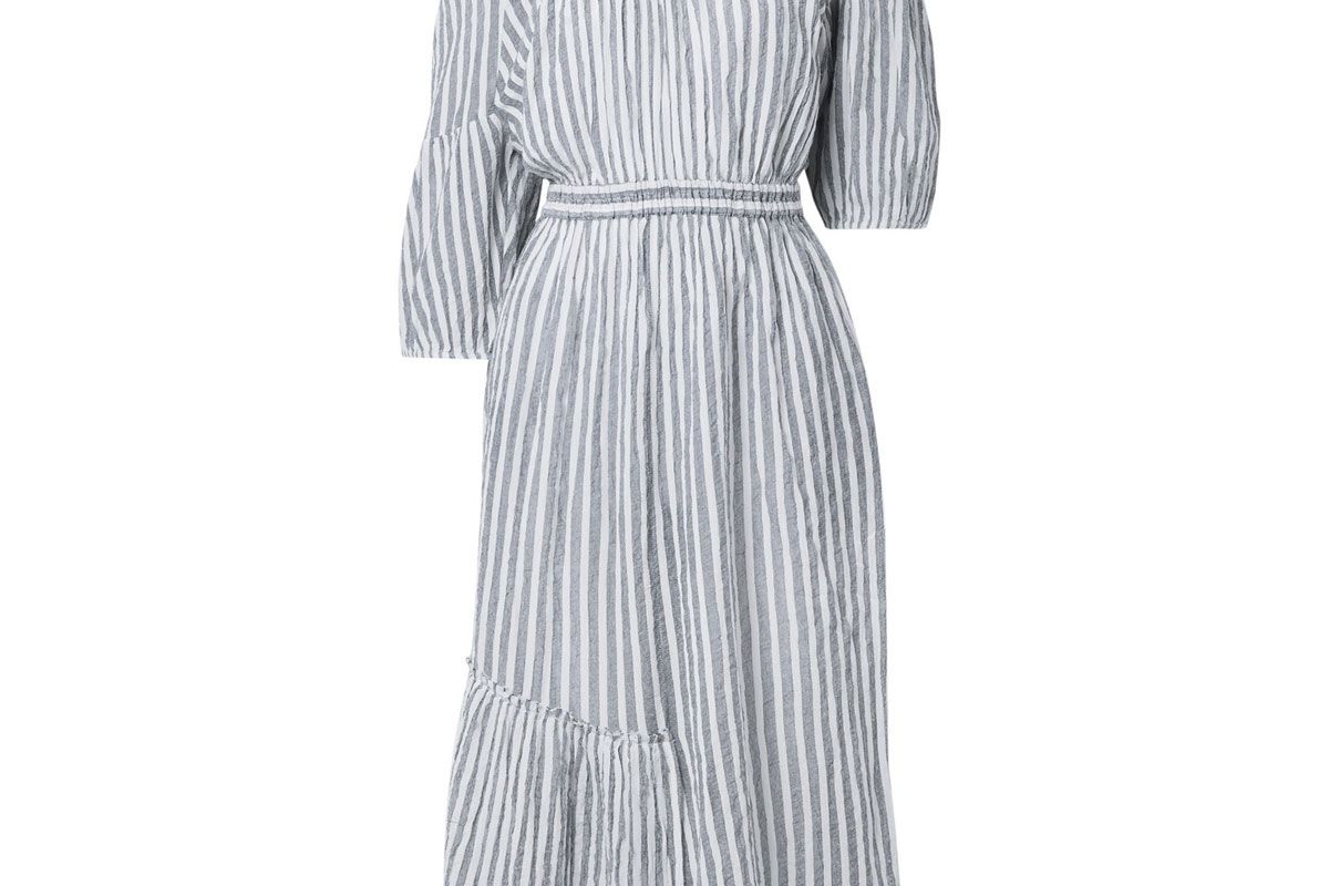 apiece apart camellia one-shoulder striped cotton-voile midi dress