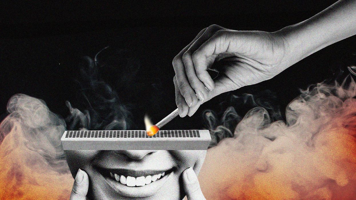 Artistic Interpretation of Burnout: A Hand Strikes a Match Superimposed on a Face