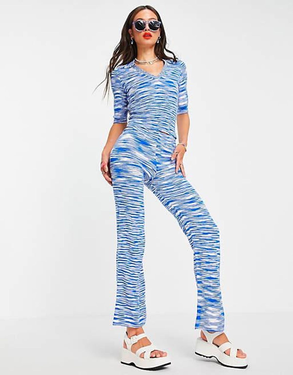 asos design matching knit wide leg pants in space dye in blue 