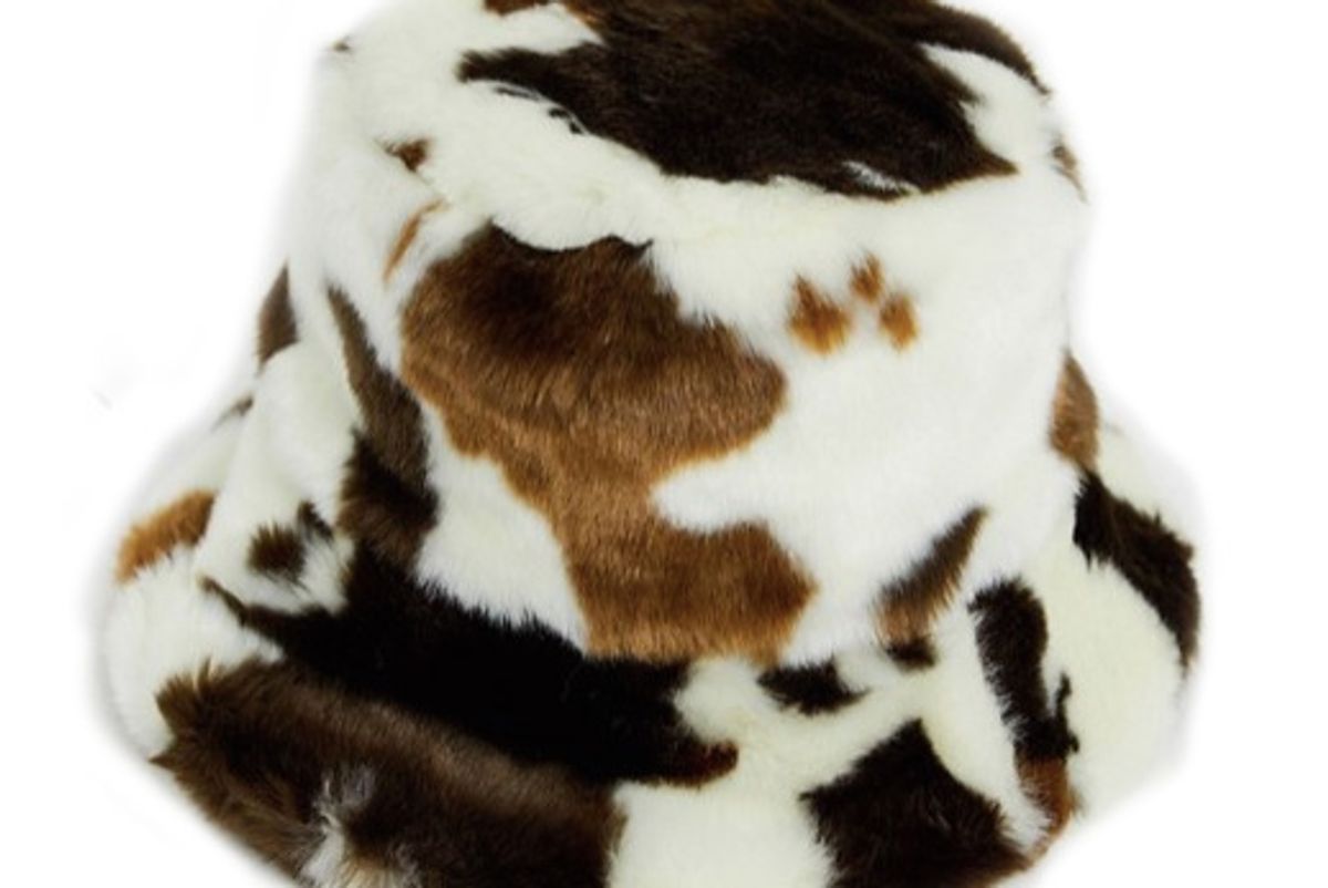 asos faux fur bucket hat in cow print
