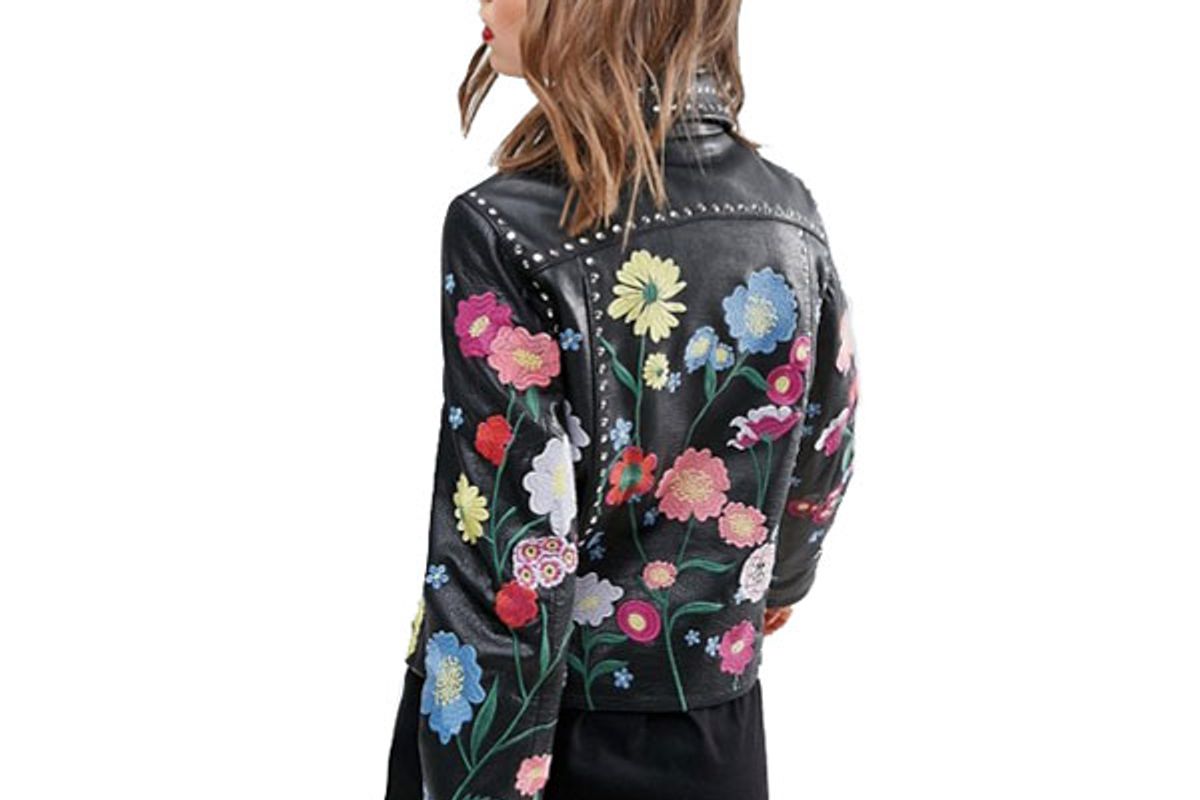 Floral Embroidered Leather Biker Jacket