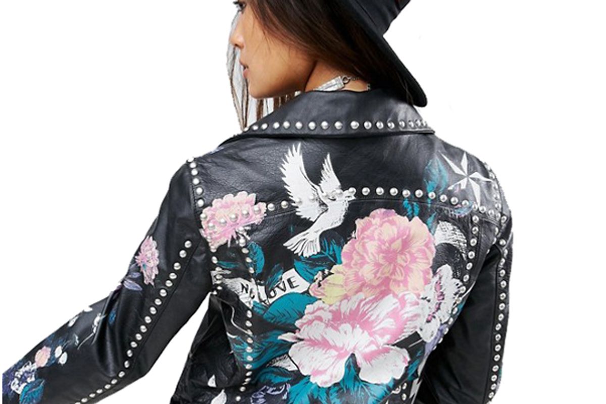 Premium Leather Jacket with Tattoo Rose Print and Studs