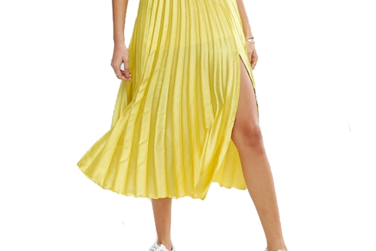 Satin Pleated Midi Skirt with Thigh Split