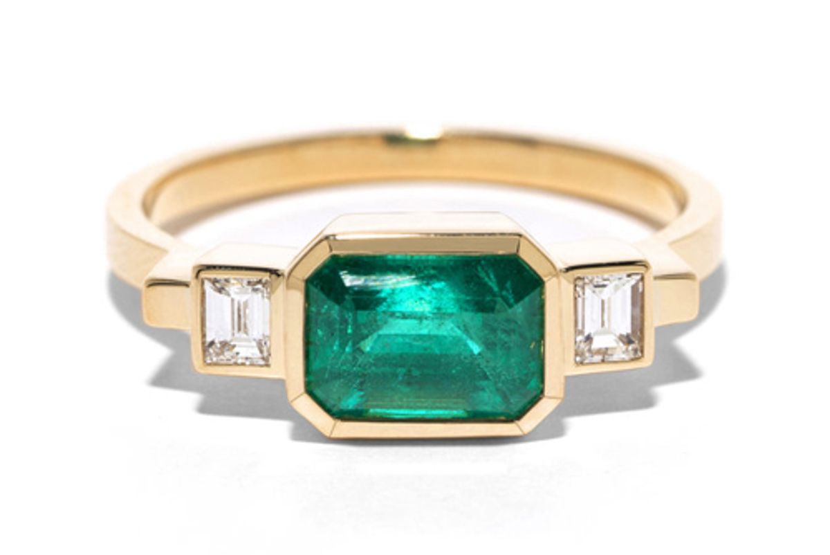 azlee jewelry emerald and baguette diamond ring