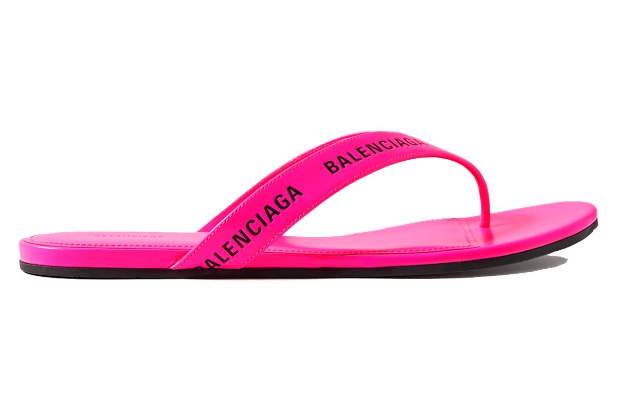 balenciaga logo print neon leather flip flops