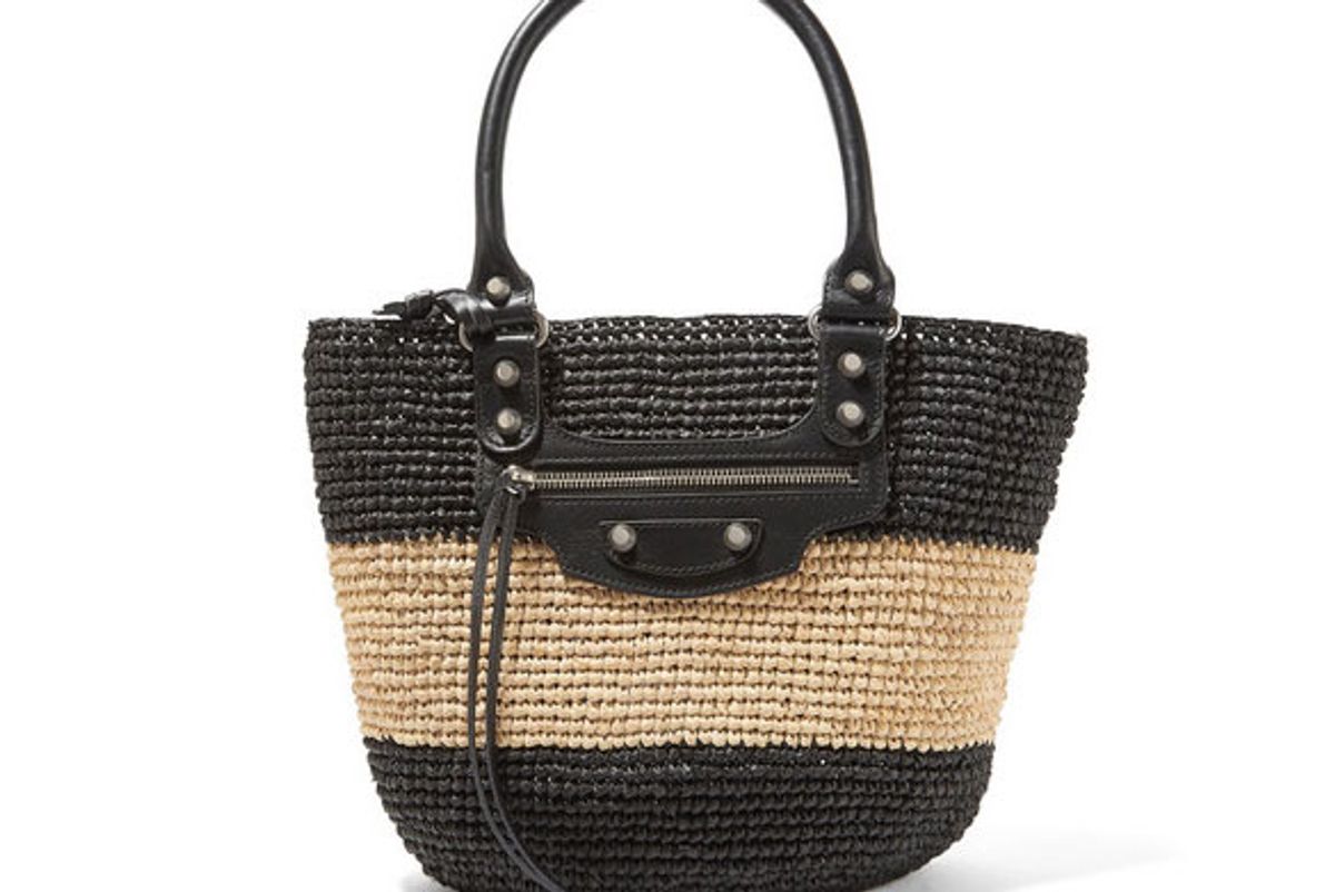 balenciaga panier leather-trimmed two-tone raffia tote