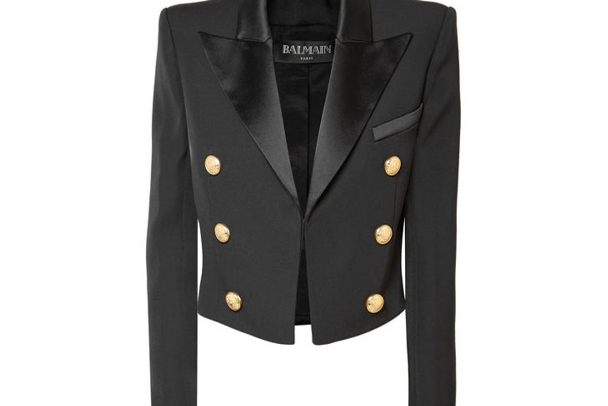 balmain cropped satin-trimmed wool blazer