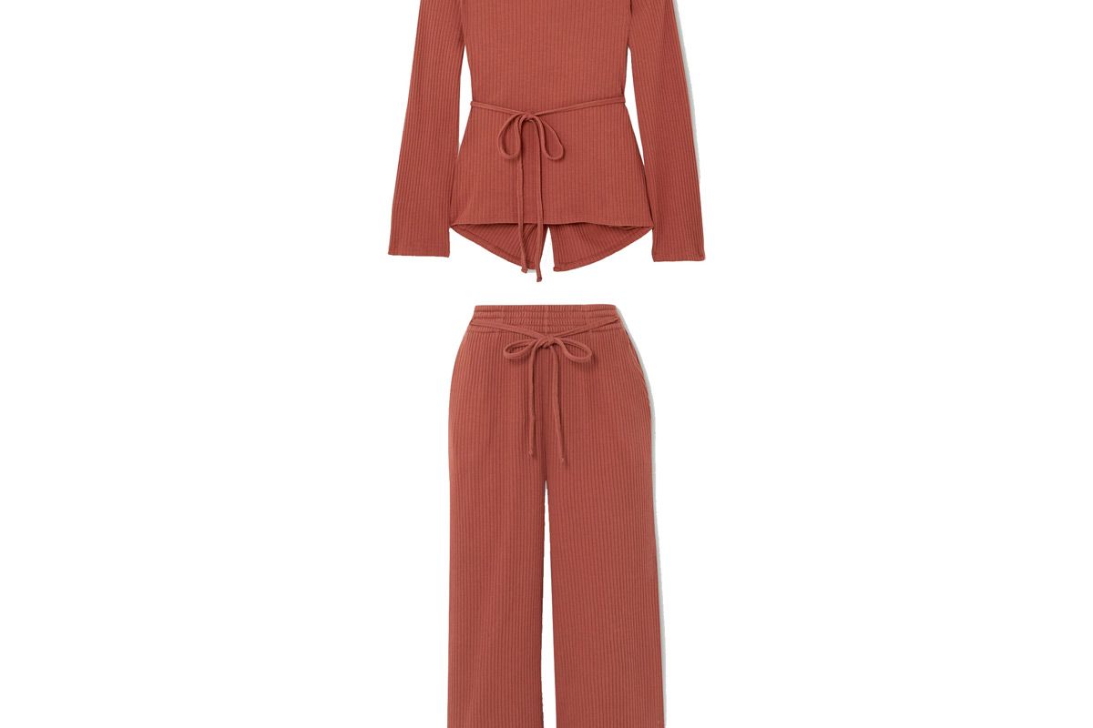 baserange wayn wrap effect ribbed organic cotton fleece top and wayn cropped ribbed organic cotton fleece wide leg pants