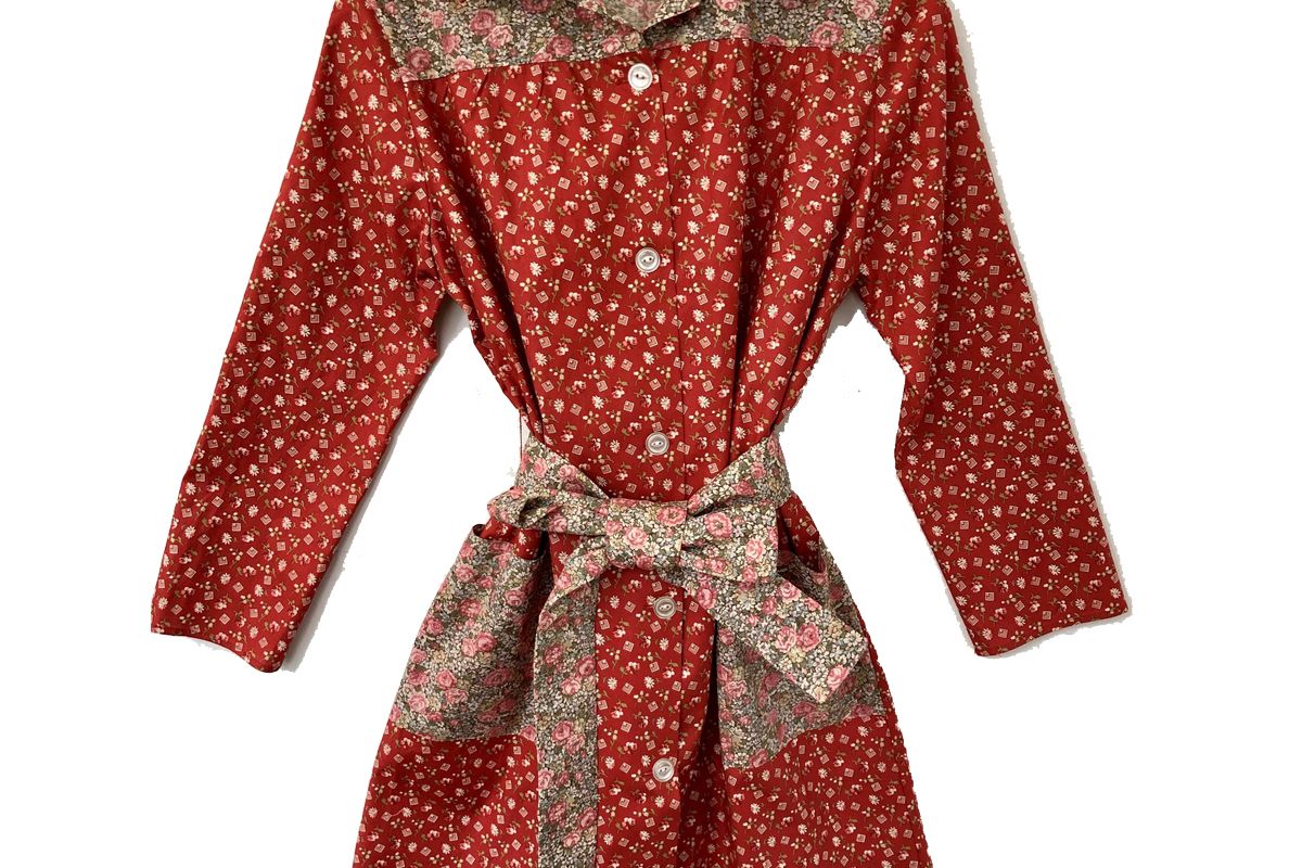 batsheva long sleeve housedress in red square floral