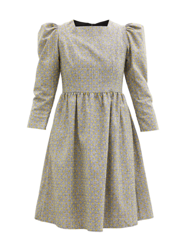 batsheva puffed sleeve flocked check wool mini dress