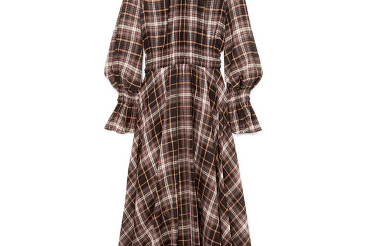 beaufille shirred checked cotton and silk blend maxi dress