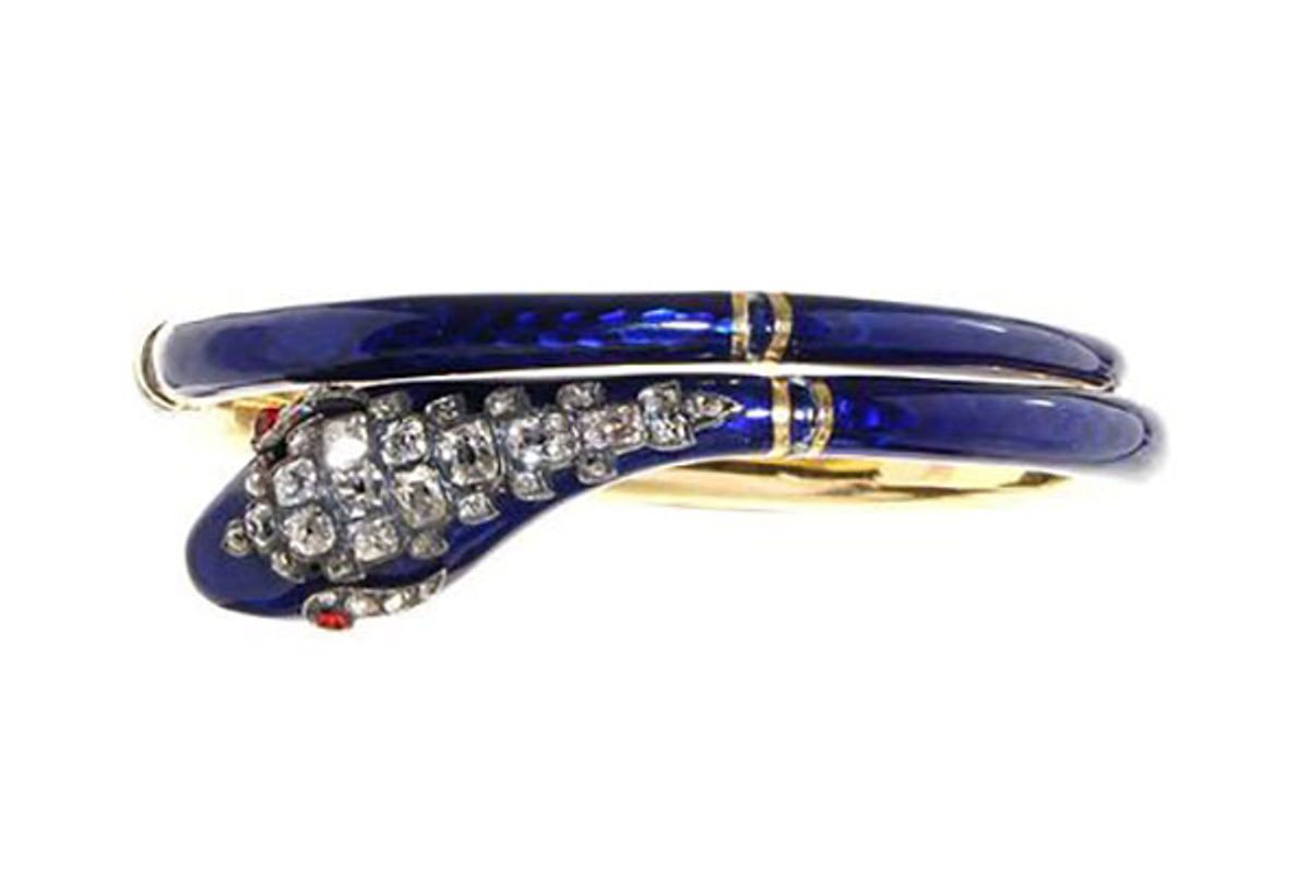 Victorian Era Blue Enamel & Diamond Snake Bracelet