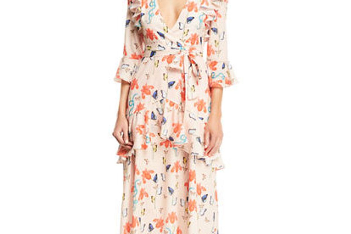 borgo de nor v neck 3 4 sleeve ruffled butterfly and floral print midi dress