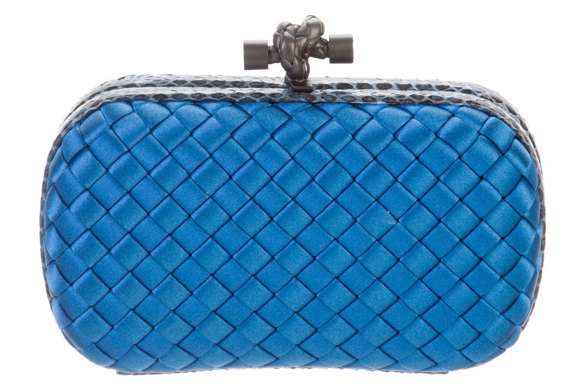 bottega veneta snakeskin trim intrecciato knot clutch