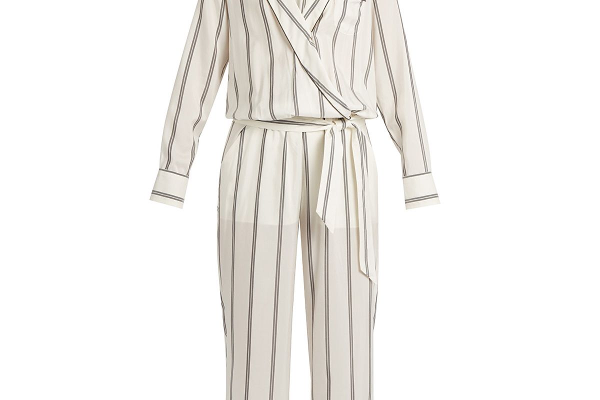 Monili-Embellished Striped Silk Jumpsuit