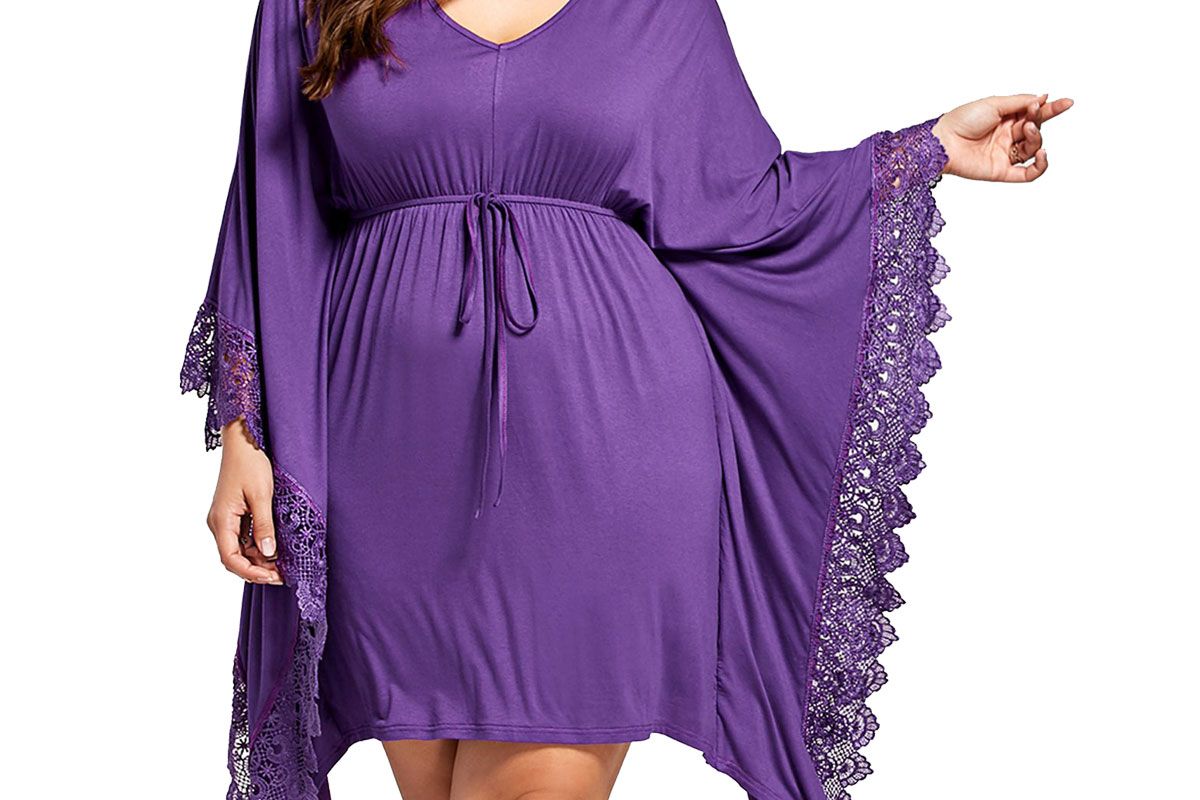 Plus Size Lace Panel Butterfly Sleeve Kaftan Dress