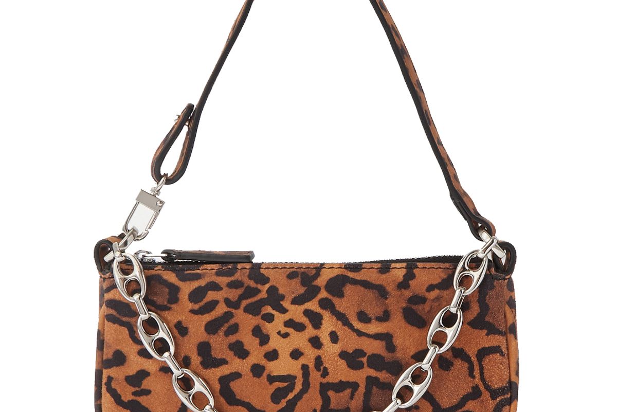 by far rachel mini chain embellished leopard print suede shoulder bag