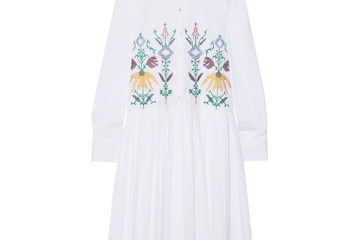 carolina herrera embroidered cotton blend poplin midi shirt dress