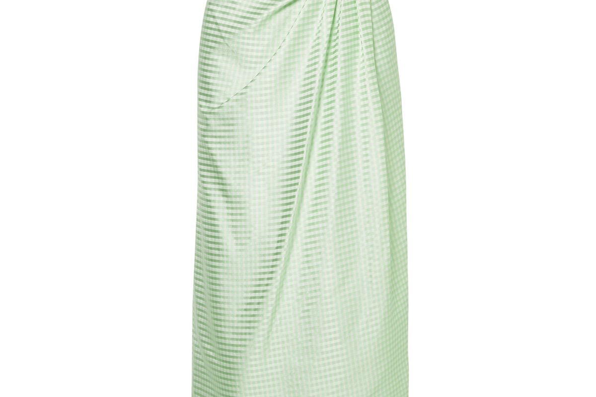 carolina herrera gathered gingham silk satin jacquard midi skirt