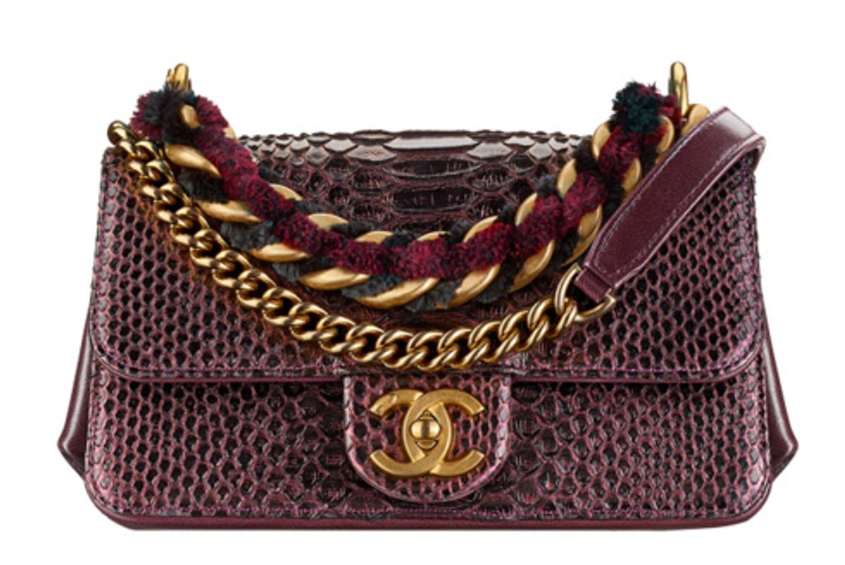 Burgundy and Black Flap Bag with Python, Lambskin, Ruthenium-Tone, and Gold-Tone Metal