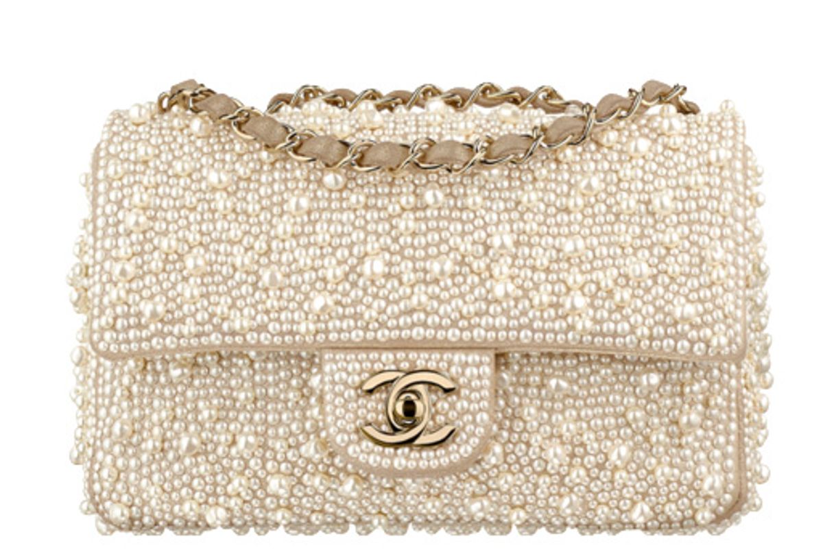 Ivory Flag Bag with Goatskin, Imitation Pearls, and Gold-Tone Metal