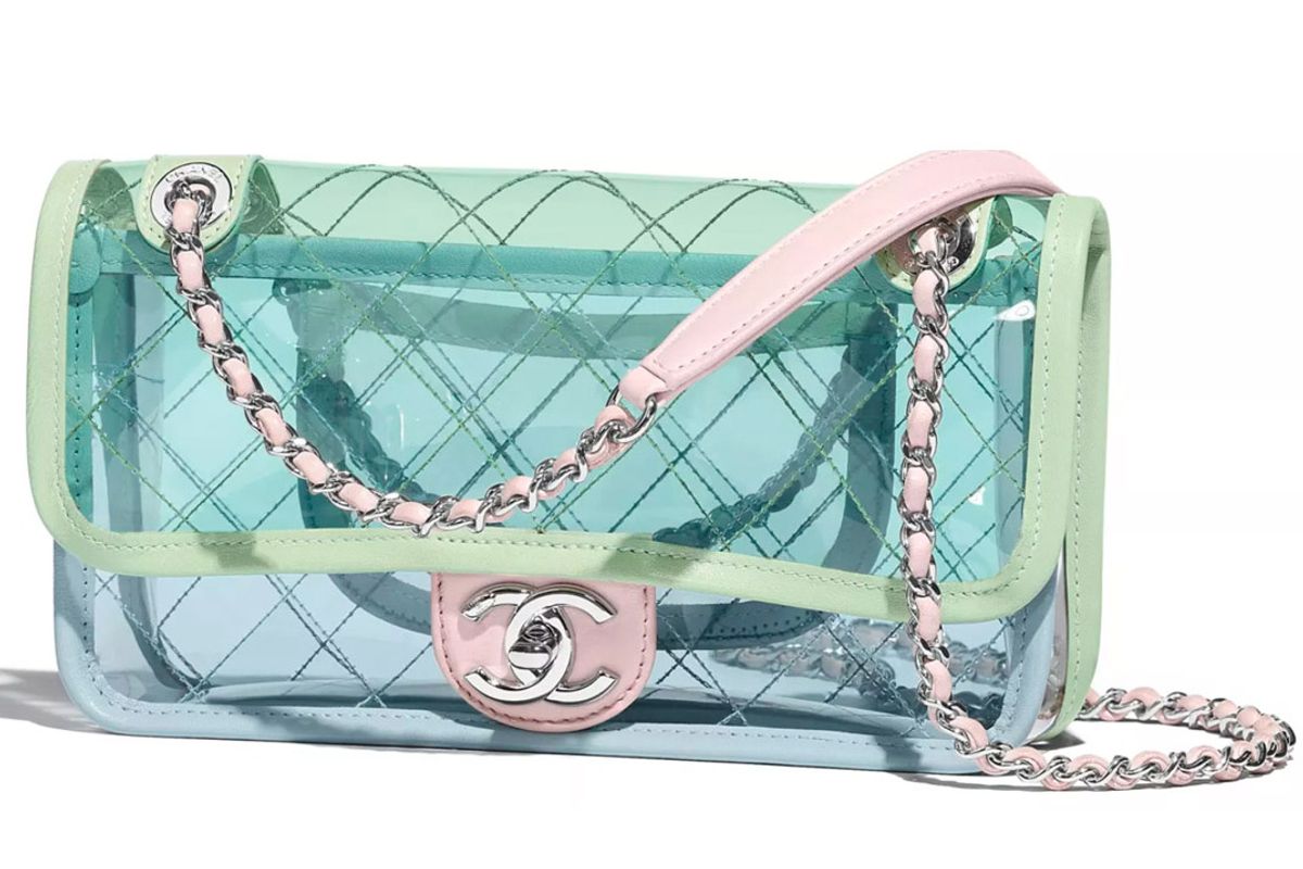 chanel flap bag pvc lambskin silvertone metal blue green pink