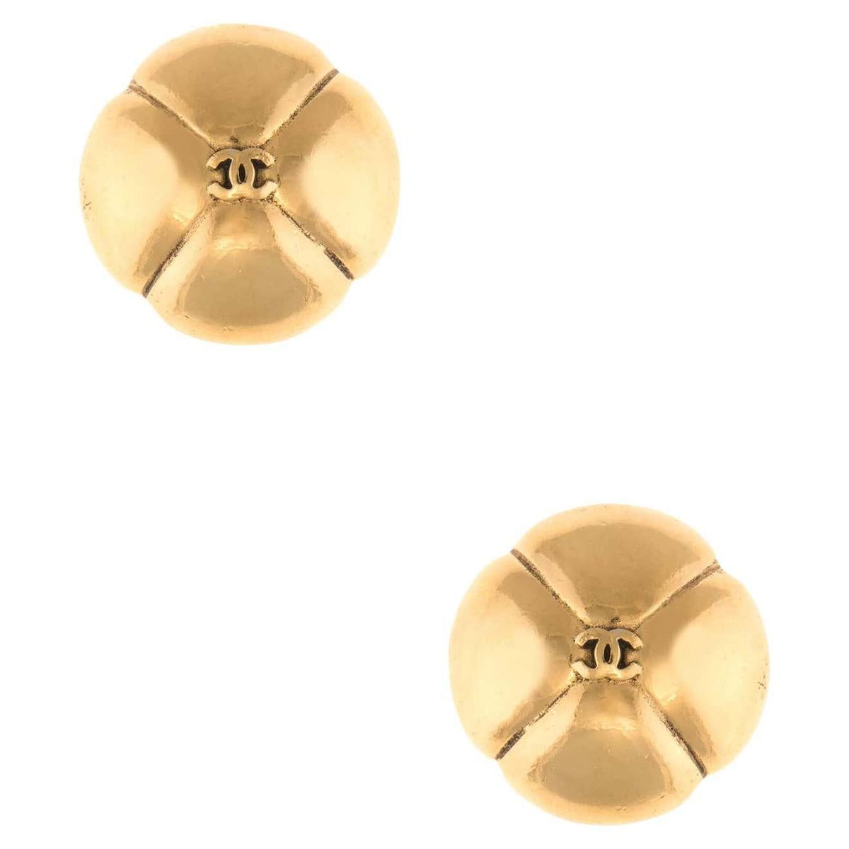 chanel vintage cc logo clip earrings yellow gold tone domed quilt
