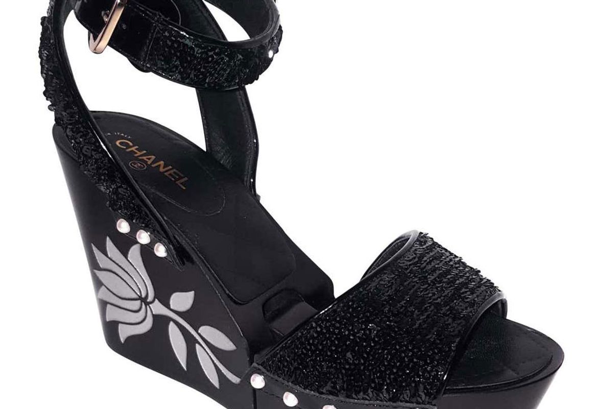 chanel wedge black sandal with faux mother of pearl flower and sequin straps