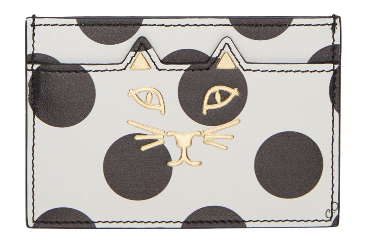 White Polka Dot Feline Card Holder