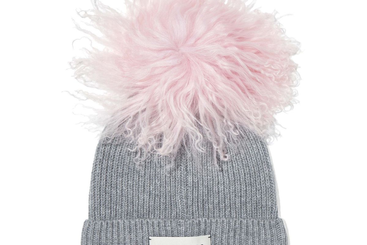 charlotte simone bonnie shearling pompom embellished ribbed cashmere beanie