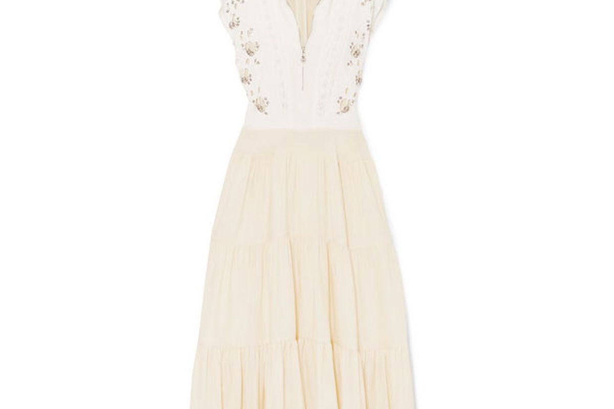 chloe embellished broderie anglaise linen and cady midi dress