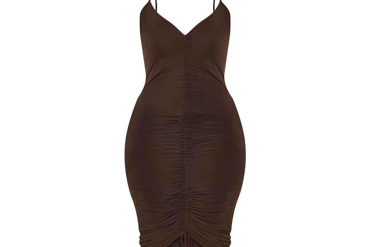 chocolate brown ruched front midi dress