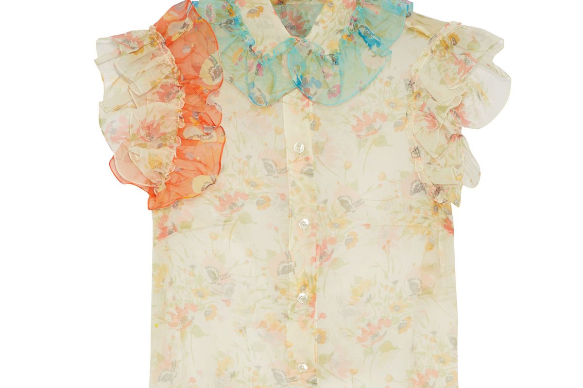 christopher kane ruffle trimmed floral print silk chiffon shirt